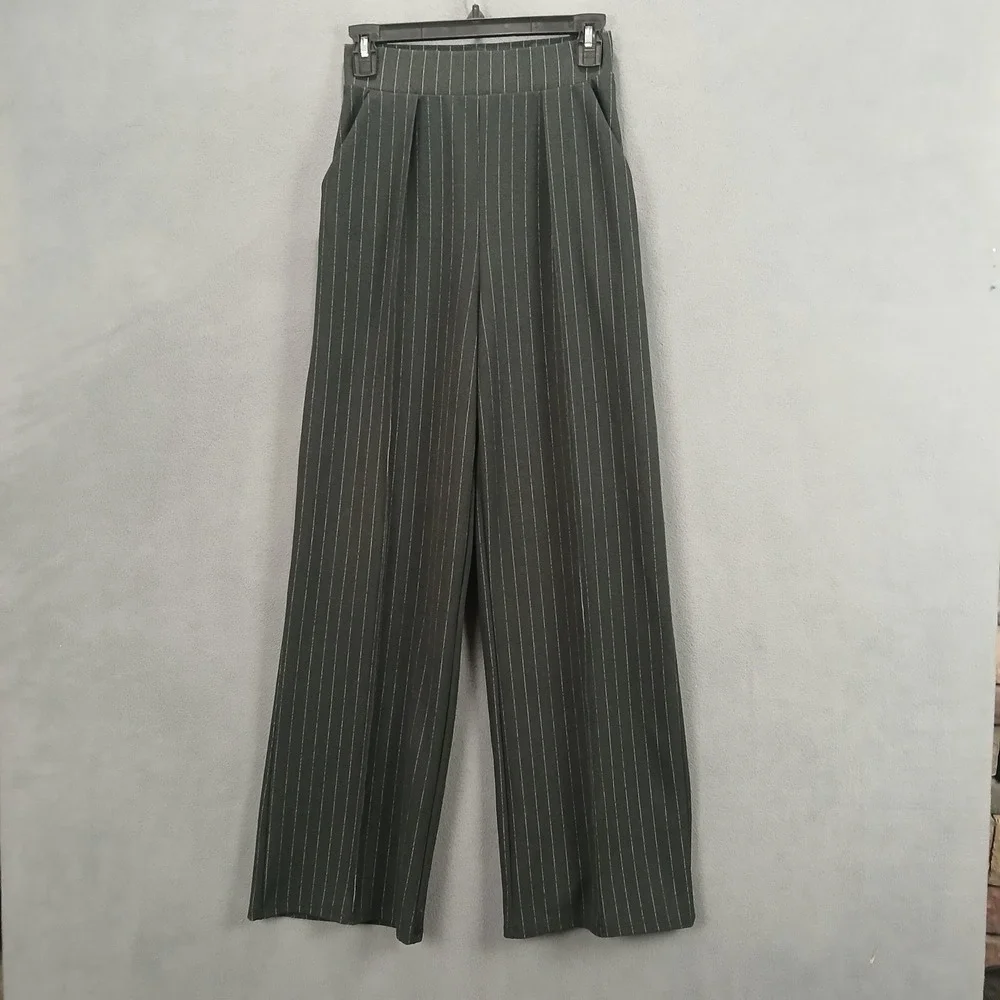 H&M Smocked Pants Womens XS Black Striped Stretch‎ Pleated Relaxed Fit Wide Leg